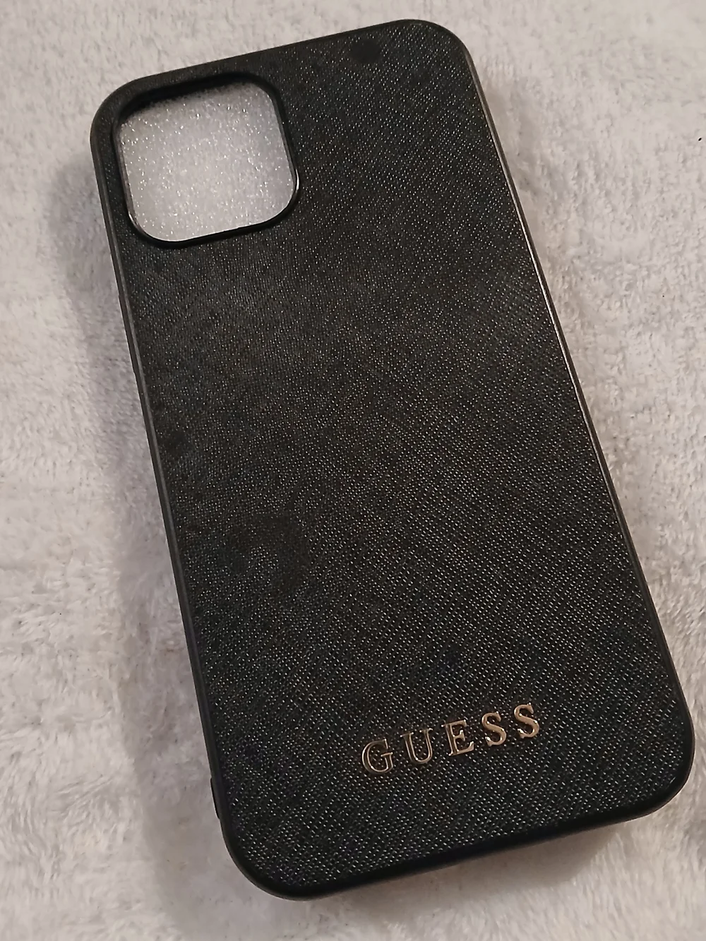 GUESS Black Textured iPhone 12 or 12 Pro Cell Phone Case - Gold Logo - NEW!